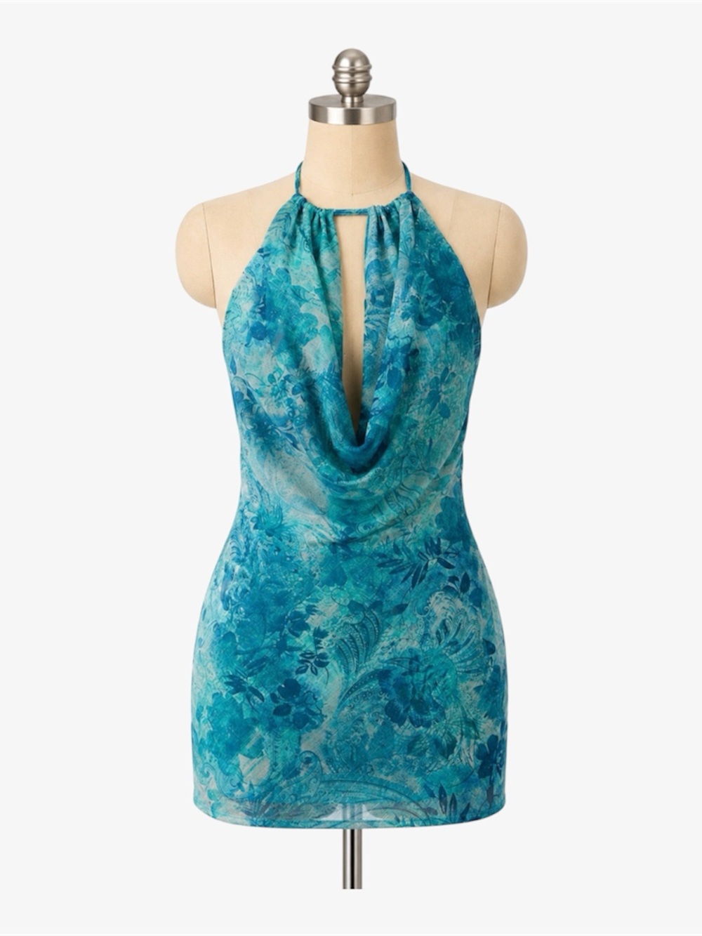 💙 NWT Blue Floral Halter Cowl Neck Mini Dress